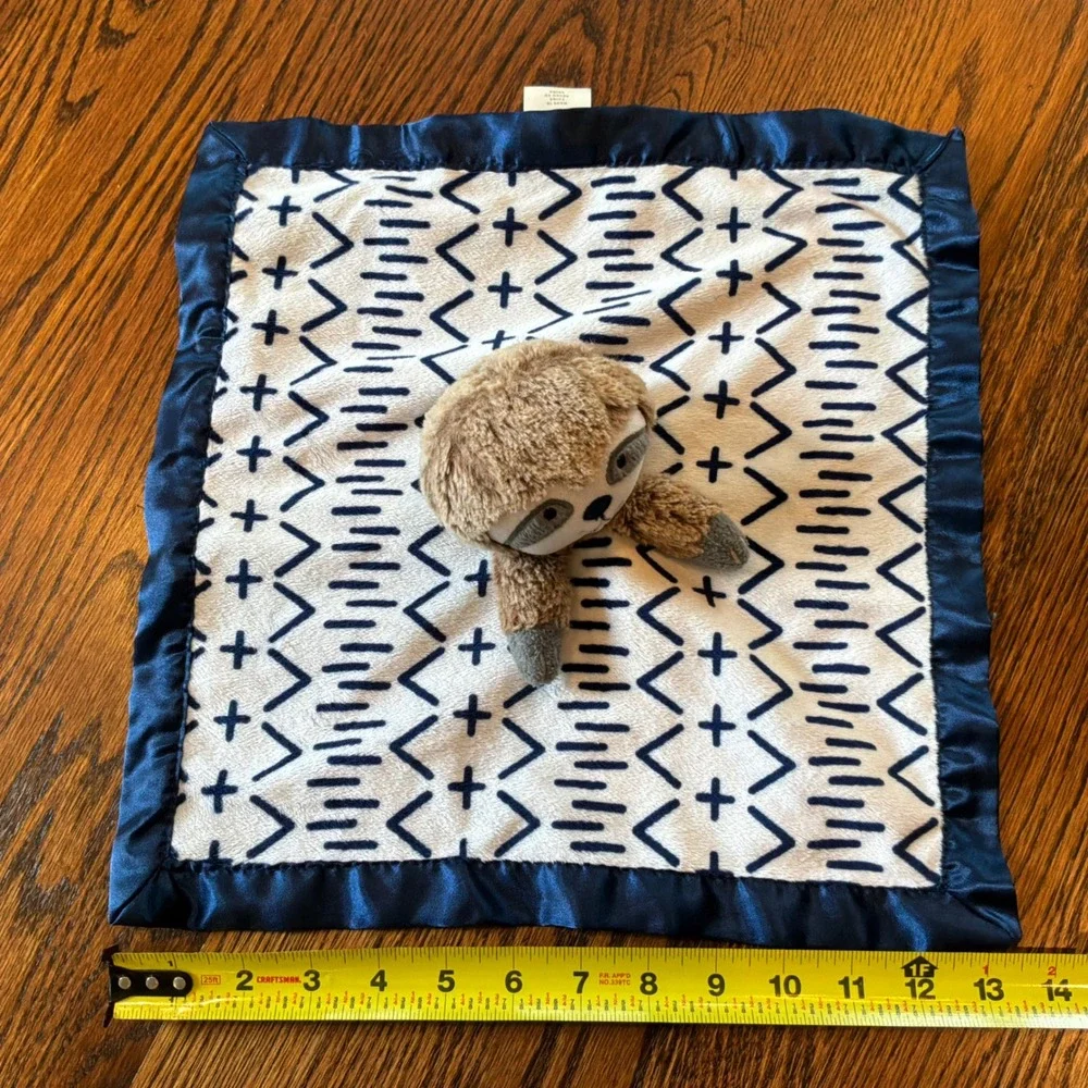 Cloud Island Sloth Baby Security Blanket Lovey Navy Blue White Geometric Satin